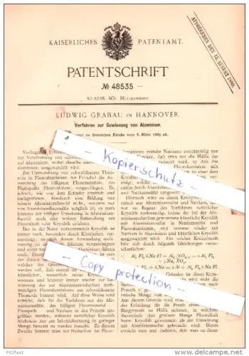 Original Patent  - Ludwig Grabau in Hannover , 1889 , Verfahren zur Gewinnung von Aluminium !!!
