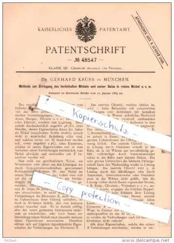 Original Patent  - Dr. Gerhard Krüss in München , 1889 , Zerlegung des technischen Nickels !!!