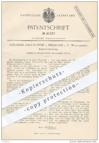 original Patent - Alex. Kwiatkowski , Heilbronn , 1888 , Hahnsicherung für Kühlapparate , Kühlung , Kühlschrank , Hahn !