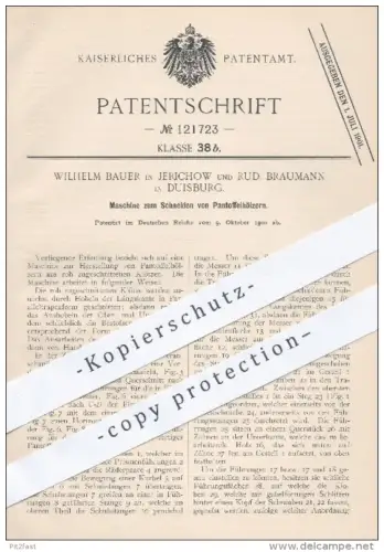 original Patent - W. Bauer , Jerichow / R. Braumann , Duisburg 1900 , Schneiden von Pantoffelhölzern , Pantoffeln , Holz