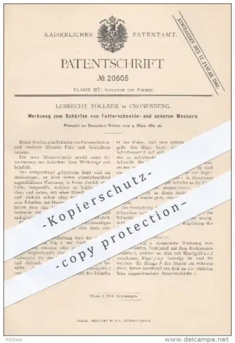 original Patent - Lebrecht Töllner , Cronenberg  1882 , Werkzeug zum Schärfen von Futterschneidemesser , Messer , Schere