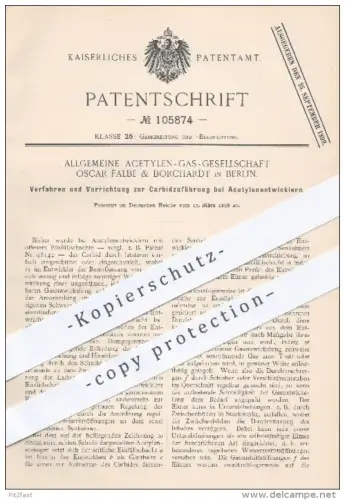 original Patent - Allg. Acetylen Gas Ges. O. Falbe & Borchardt , Berlin , 1898 , Carbidzuführung beim Acetylenentwickler