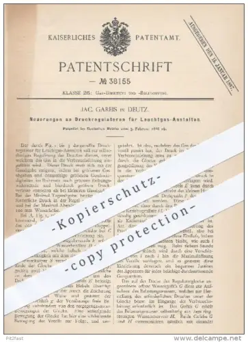 original Patent - J. Gareis , Deutz , 1886 , Druckregulatoren für Leuchtgas Anstalten , Gas , Licht , Beleuchtung !!!