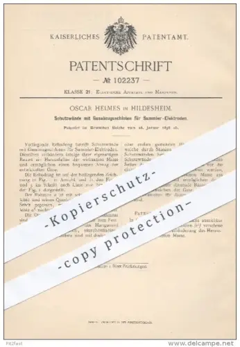 original Patent - Oscar Helmes , Hildesheim , 1898 , Schutzwände mit Gasabzugsschloten für Sammler Elektroden , Elektrik