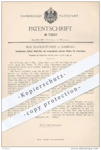 original Patent - Max Schwertführer , Hamburg , 1893 Elastischer Radreifen mit innerem starren Reifen für Fahrräder !!!