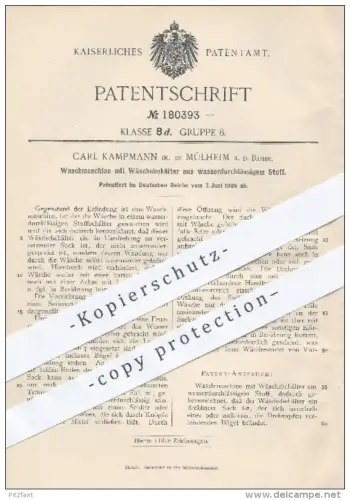 original Patent - Carl Kampmann , Mülheim / Ruhr , 1906 , Waschmaschine mit Wäschebehälter , Waschmaschinen , Wäsche !!!