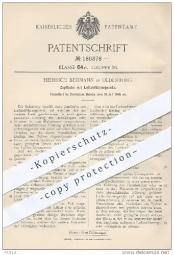 original Patent - Heinrich Behmann , Oldenburg , 1905 , Zapfhahn mit Luftzuführungsrohr , Bier zapfen , Gastronomie !!