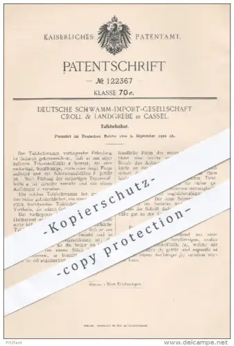 original Patent - Deutsche Schwamm Import Gesellschaft Croll & Landgrebe , Kassel , 1900 , Tafelwischer , Tafelschwamm !