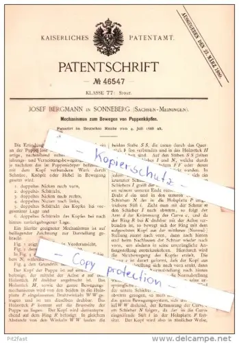 Original Patent - J. Bergmann in Sonneberg , Sachsen-Meiningen , 1888 , Mechanismus für Puppenköpfe , Puppen !!!