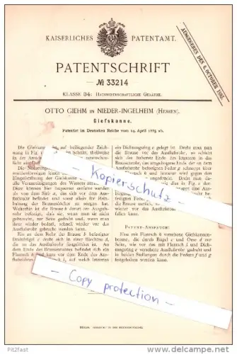 Original Patent - Otto Giehm in Nieder-Ingelheim , Hessen , 1885 , Gießkanne !!!