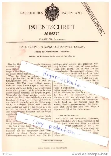 riginal Patent - C. Popper in Miskolcz , Oesterr.-Ungarn , 1890 , Schloß mit elektrischem Thüröffner !!!
