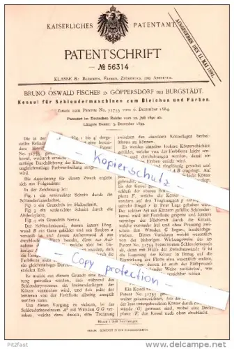 Original Patent - B. O. Fischer in Göppersdorf bei Burgstädt , 1890 , Schleudermaschinen zum Bleichen !!!