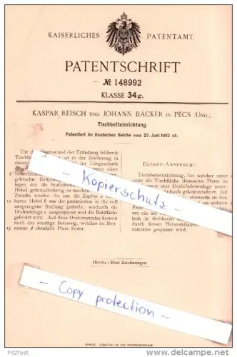 Original Patent - Kaspar Reisch und Johann Bäcker in Pecs , Ung. , 1902 , Tischbetteinrichtung !!!