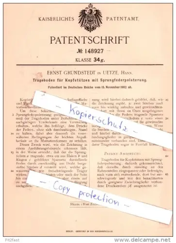 Original Patent - Ernst Grundstedt in Uetze, Hann , 1902 , Tragedoden für Kopfstützen !!!