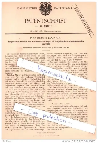 Original Patent - P. de Heen in Louvain , 1886 , Bleilinsen bei Schraubensicherungen !!!