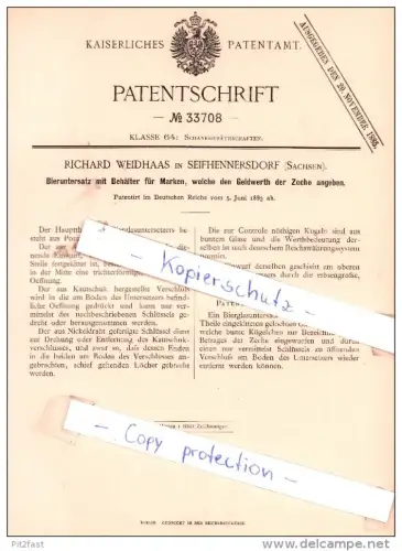 Original Patent - Richard Weidhaas in Seifhennersdorf , Sachsen , 1885 , Bieruntersatz !!!