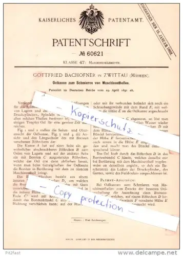 Original Patent - Gottfried Bachofner in Zwittau / Svitavy , Mähren , 1891 , Maschinenelemente !!!