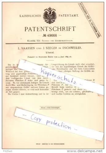 Original Patent - L. Vaassen und J. Seeger in Eschweiler , 1889 , Lineal !!!