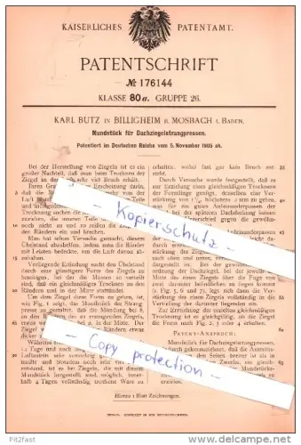 Original Patent - K. Butz in Billigheim b. Mosbach i. Baden  , 1905 ,  Mundstück für Dachziegelstrangpressen !!!