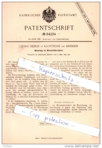 Original Patent - G. Heinze in Klotzsche bei Dresden , 1890 , Neuerung an Wasserrfahrrädern !!!