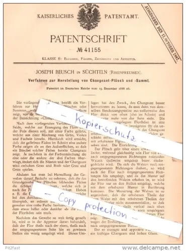 Original Patent - Joseph Beusch in Süchteln b. Viersen , Rheinpreussen , 1886 , Changeant-Plüsch und -Sammt !!!