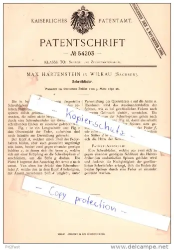Original Patent - Max Hartenstein in Wilkau , Sachsen , 1890 , Schreibfeder !!!
