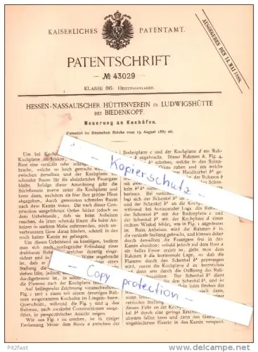 Original Patent - Hessen-Nassauischer Hüttenverein in Ludwigshütte bei Biedenkopf , 1887 , Kochöfen !!!