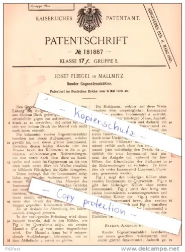 Original Patent - Josef Fliegel in Mallmitz / Malmice , 1906 , Runder Gegenstromkühler , Schlesien !!!