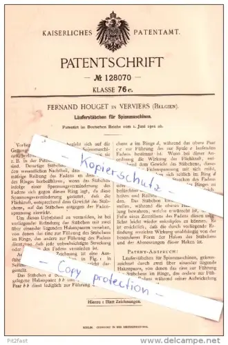 Original Patent - F. Houget in Verviers , Belgien , 1901 , Läuferstäbchen für Spinnmaschinen !!!