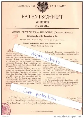Original Patent - V. Zeppezauer in Hruschau / Ostrava , Oesterr.-Schles. , 1901 , Verpackungskorb , Glas  !!!