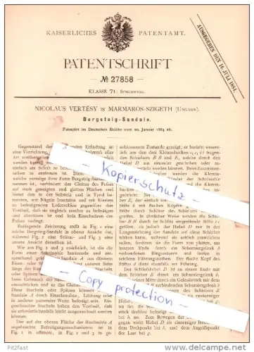 Original Patent - Nicolaus Vertesy in Marmaros-Szigeth , Ungarn , 1884 , Bergsteig-Sandale , Bergsteiger !!!