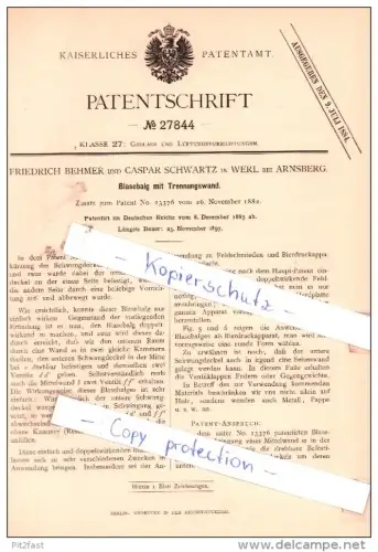 Original Patent - F. Behmer und C. Schwartz in Werl bei Arnsberg , 1883 , Blasebalg !!!