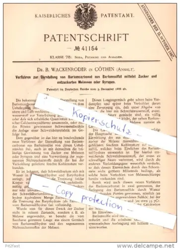 Original Patent - Dr. B. Wackenroder in Cöthen , Anhalt , 1886 , Darstellung von Bariumcarbonat , Labor , Köthen !!!