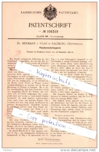 Original Patent - Dr. Hermann von Vilas in Salzburg , Österreich , 1898 , Flaschenverkorkapparat !!!