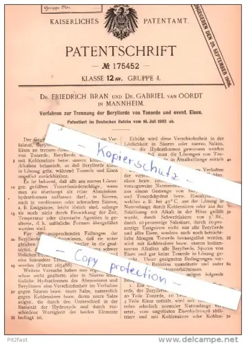 Original Patent - Dr. F. Bran und Dr. G. van Oordt in Mannheim , 1905 , Beryllerde !!!