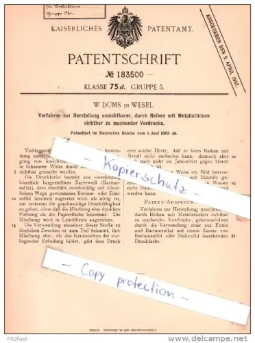 Original Patent - W. Düms in Wesel , 1905 , Herstellung von Vordrucken !!!