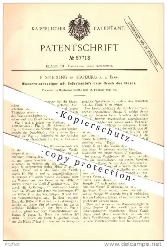 original Patent - B. Spierling in Harburg a. d. Elbe , 1892 , Wasserstandsanzeiger mit Selbstschluss beim Glasbruch !!!