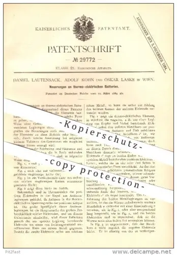 original Patent -  D. Lautensack , A. Kohn , O. Laske in Wien , 1884 , Neuerungen an thermoelektrischen Batterien !!!