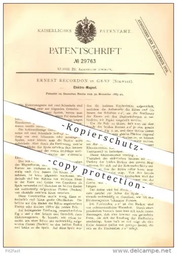 original Patent - Ernest Recordon in Genf , 1883 , Elektromagnet , Magnet , Elektrik !!!