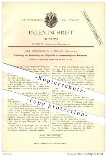 original Patent - Carl Zimmermann in Mehlis , 1884 , Einrichtung zur Feststellung des Fußgestells an Notenpulten , Zella