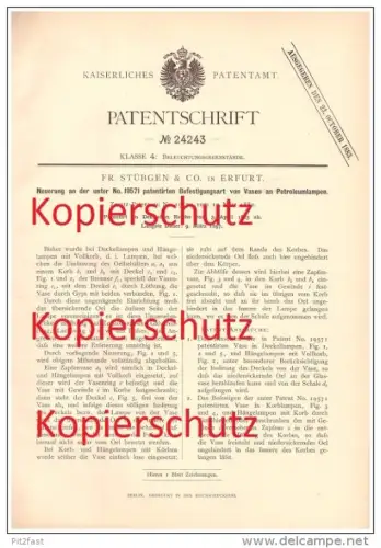 Original Patent - Fr. Stübgen & Co. Erfurt , 1883 , Petroleumlampen mit Vasen !!!