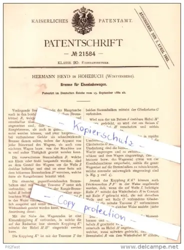 Original Patent - Hermann Heyd in Waldenburg - Hohebuch , 1882 , Bremse für Eisenbahn !!!