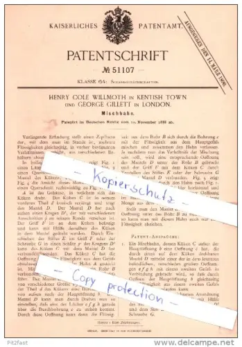 Original Patent - H. Cole Willmoth in Kentish Town und G. Gillet in London , 1888 , Mischhahn !!!