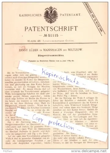 Original Patent - Ernst Lüder in Mannhagen bei Miltzow , 1889 , Düngerstreumaschine , Sundhagen , Mecklenburg !!!