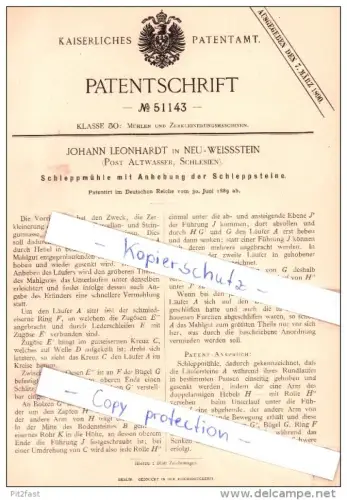 Original Patent - J. Leonhardt in Neu-Weissstein , Post Altwasser , Schlesien , 1889 , Schleppmühle !!!