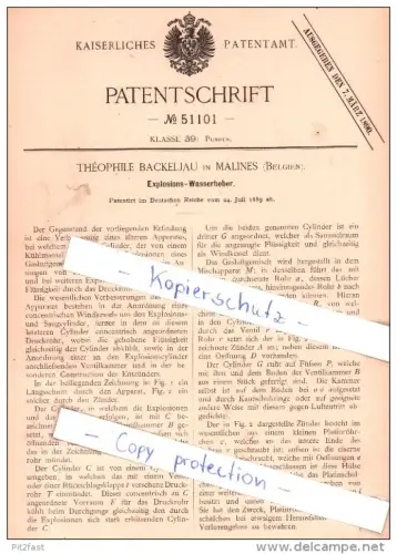 Original Patent - Theophile Backeljau in Malines / Mechelen , 1889 , Explosions-Wasserheber !!!