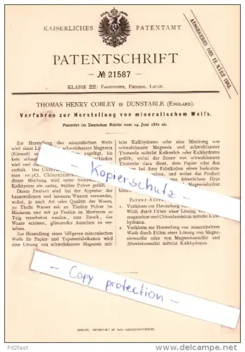 Original Patent - T. Henry Cobley in Dunstable , England , 1882 , Herstellung von mineralischem Weiß !!!