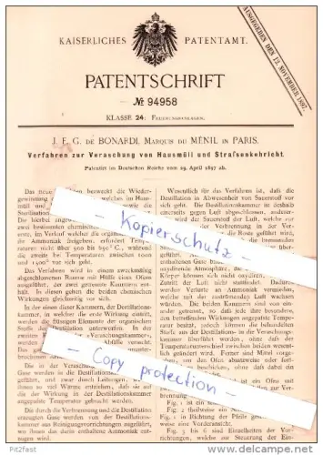 Original Patent - J. F. G. Bonardi , Marquis du Menil in Paris , 1897 , Veraschung von Hausmüll !!!