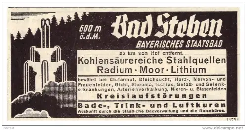 original Werbung - 1938 - Bad Steben , Staatsbad , Arzt , Kur , Krankenhaus , Apotheke !!!