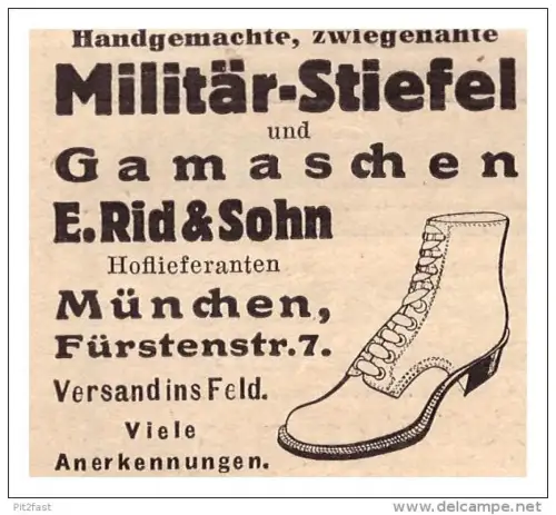 original Werbung - 1916 - Militär - Stiefel m E. Rid & Sohn in München , Militär , Armee !!